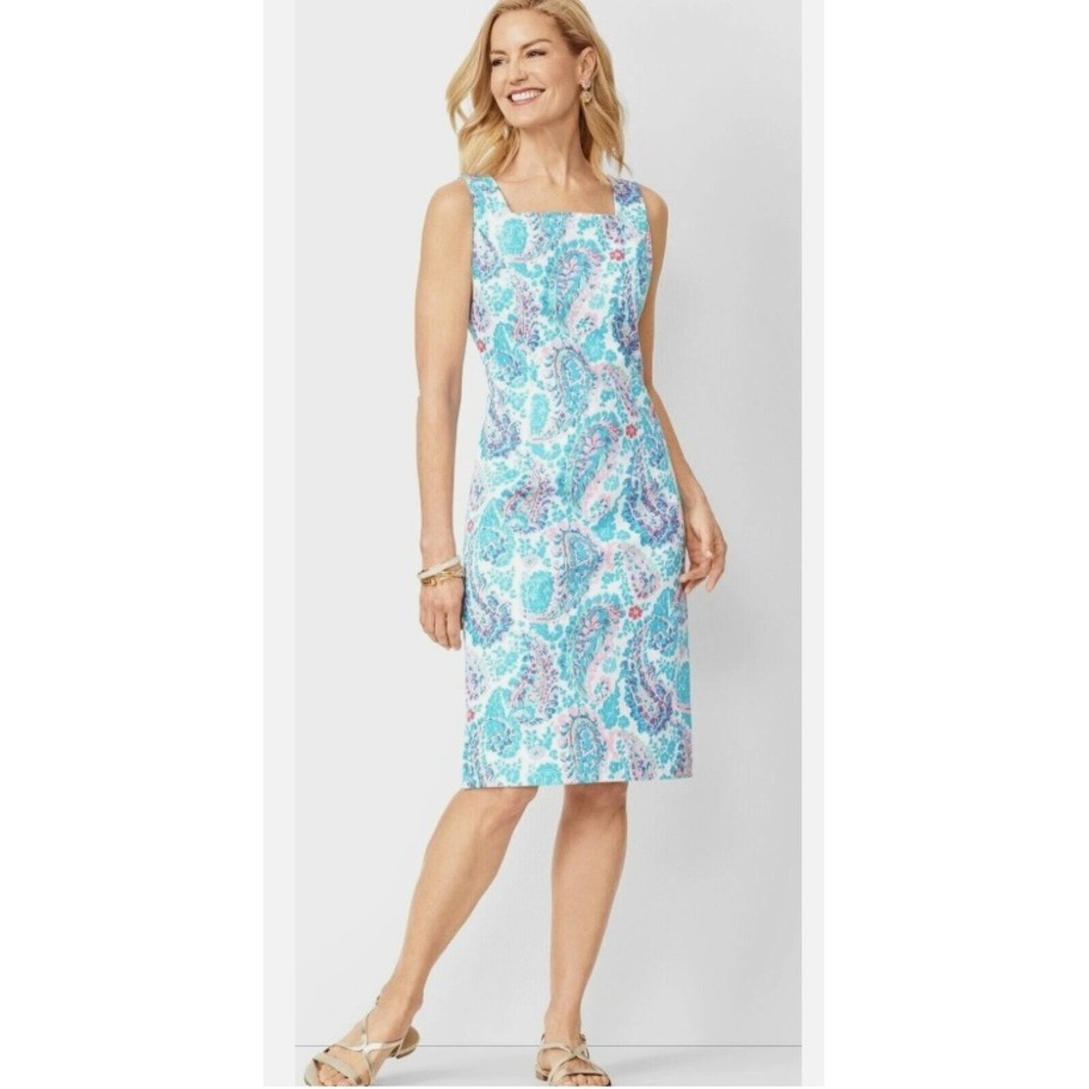 Talbots Paisley Floral Sheath Dress Womens 6P Blue Pink Pique Brunch Classic Mod
